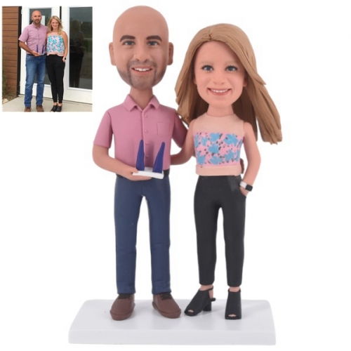Couple Double Bobble head Custom dolls hold trophy