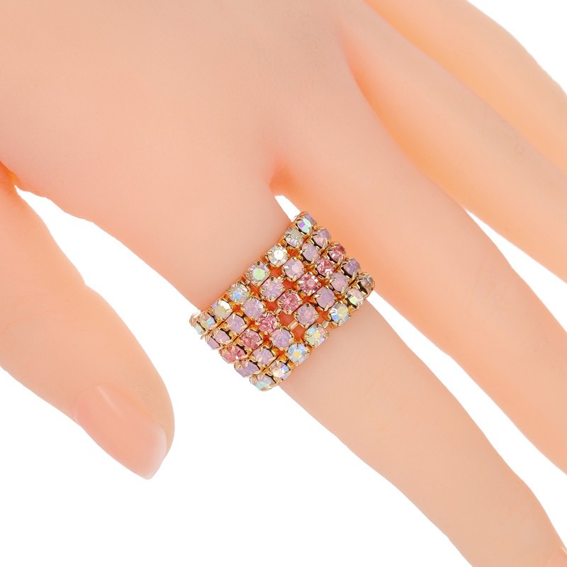 Five Rows Pink Rhinestone Stretch Gold Fashion Finger Ring Wholesale