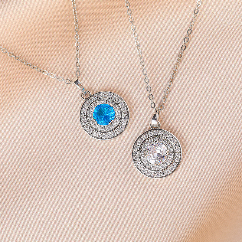 Cubic Zirconia Round Pendant Necklace Opal Crystal, White/Blue