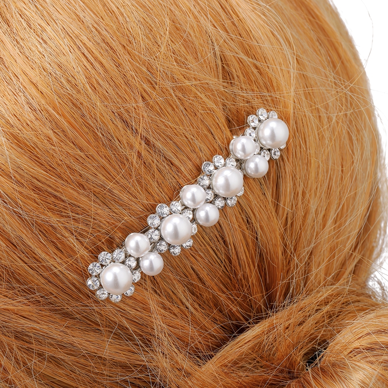 Hair Clip Crystal and Pearl Silver Flower Shape