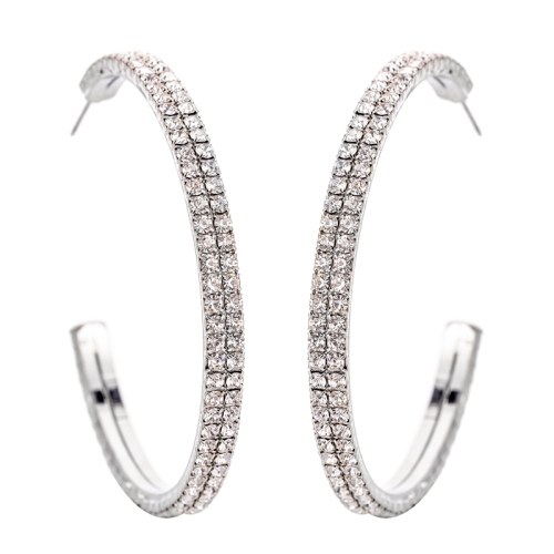 Big Hoop Earrings Clear Rhinestone Silver 2 Row