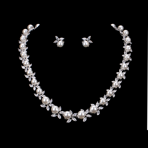 Necklace and Earrings Set Platinum Plated Pearl Flower Cubic Zirconia for Wedding
