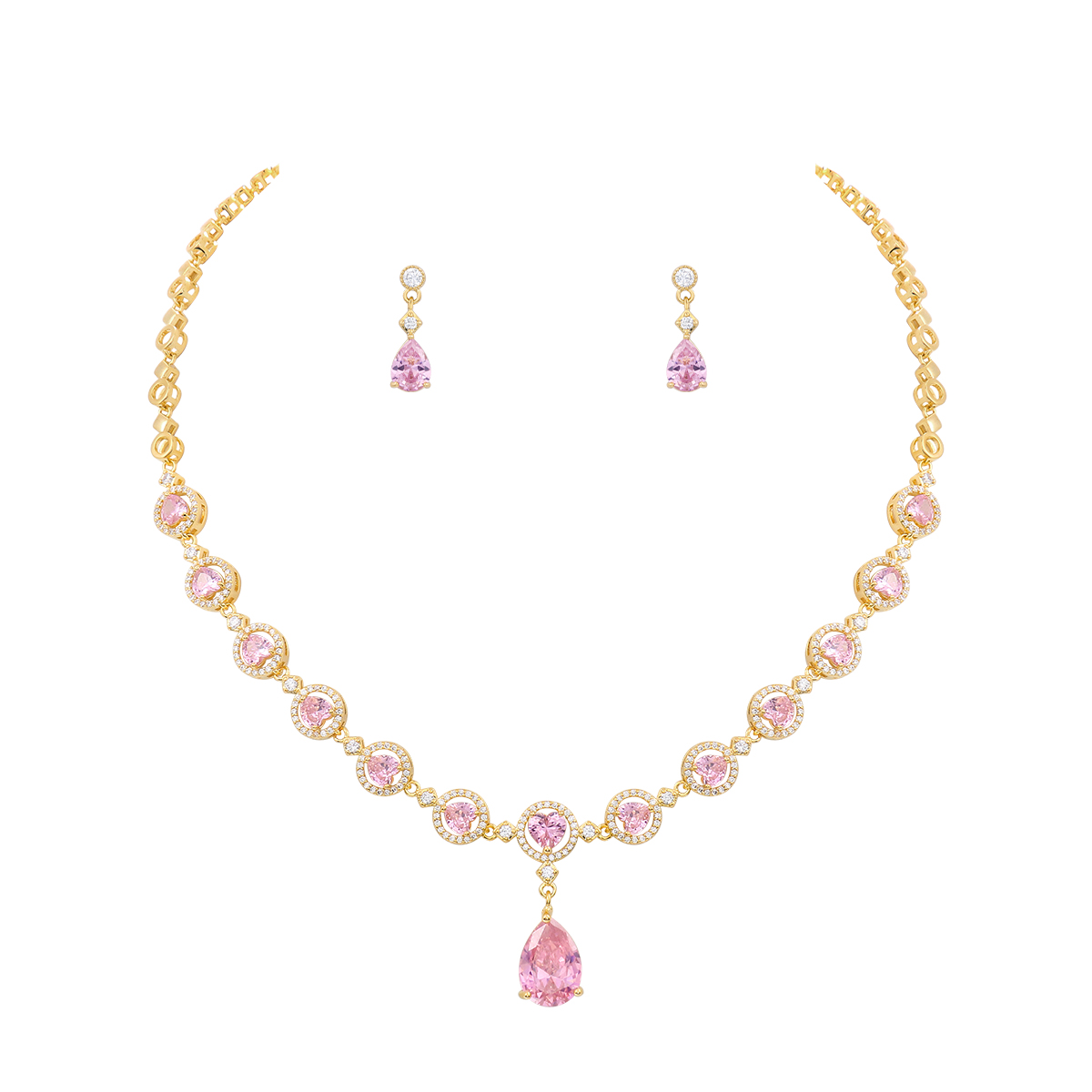 Cubic Zirconia Necklace and Earring Set Gold Plated for Wedding