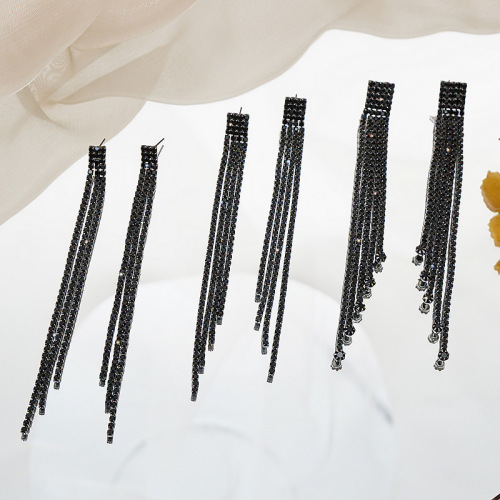 #Black rhinestone tassel earrings Exaggerated design Dangle Earrings,Custom plating color