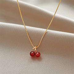 Red Rhinestone Charm Cherry Pendant Gold-Plated Necklace-factory hot sale