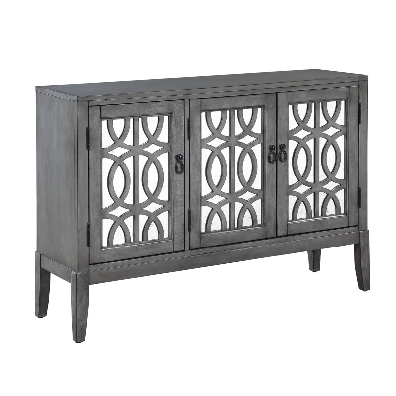 Accent Chest and Cabinet Sideboard with Framed Mirror Doors, 2 Adjustable Shelves Entryway Serving Wine Storage in Gray