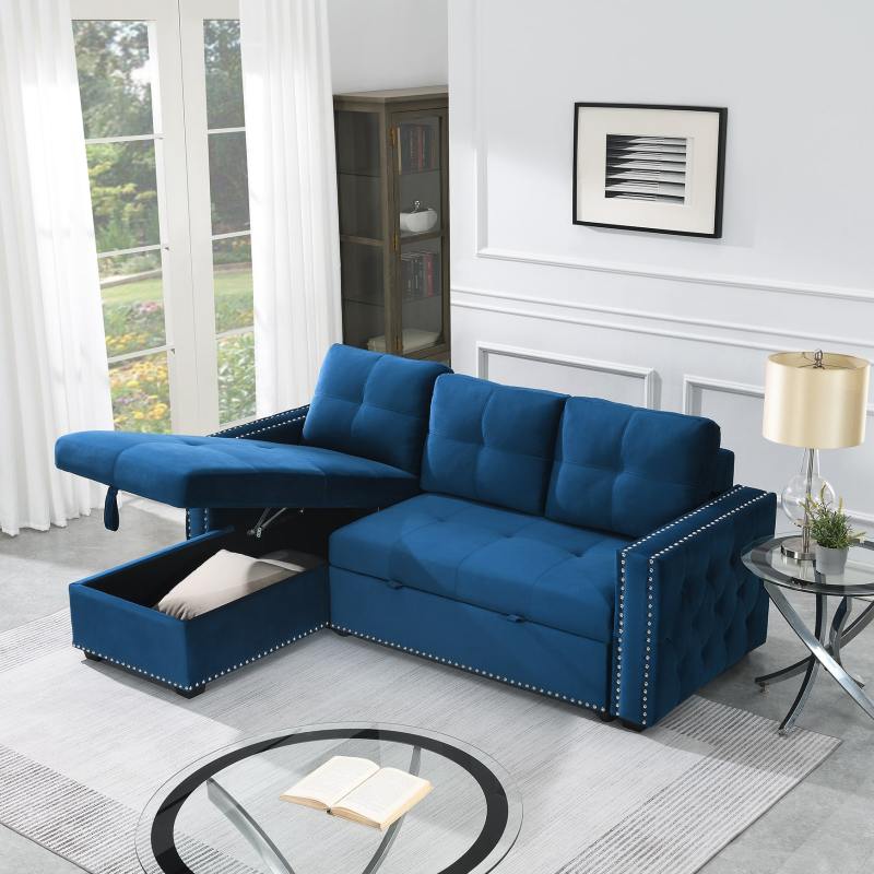 Velvet Reversible Sleeper Sectional Sofa with Storage in Blue