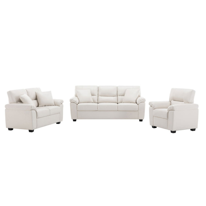 Sofa Collection 3 Pieces  Flared Arm PU Leather Mid-Century Modern Upholstered Sofa in White