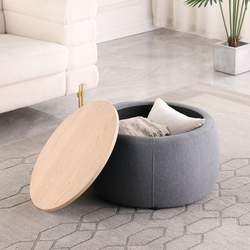 Round Storage Ottoman Coffee Table Footstool with Wood Cover for Living Room