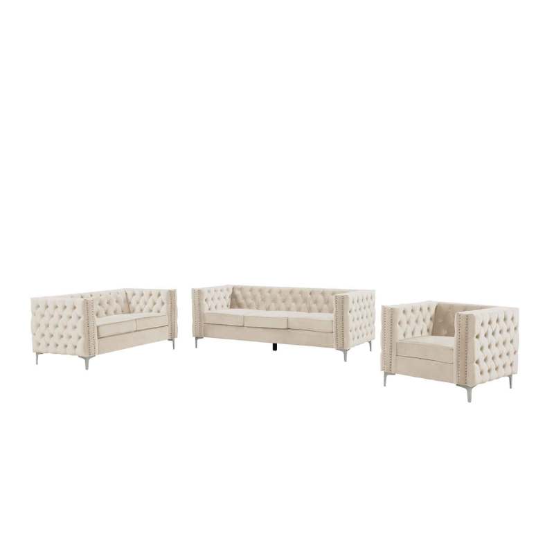 3 Pieces Living Room Furniture Sets Couches Velvet - Beige