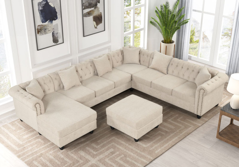 Linen Master four-piece sofa Living Room Collection Curve Sofa with Footrest in Gray