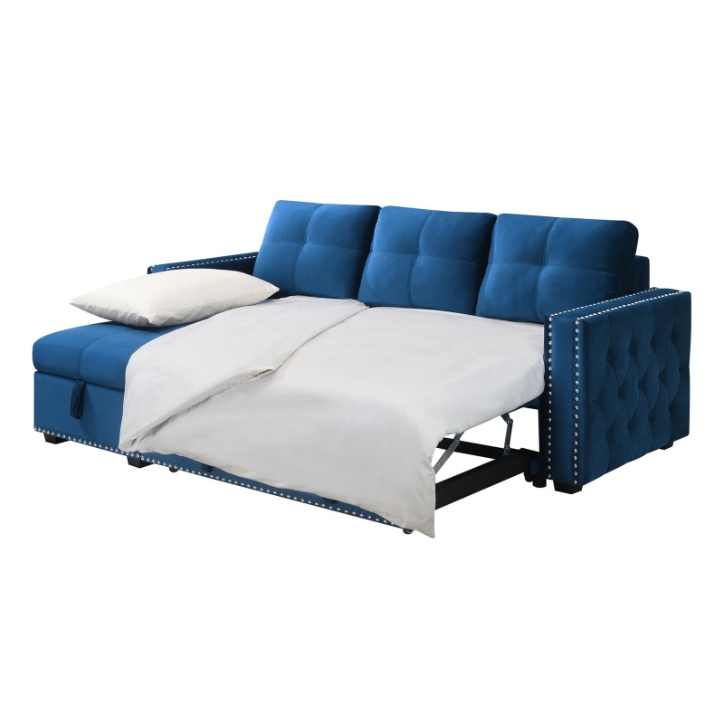 Velvet Reversible Sleeper Sectional Sofa with Storage in Blue