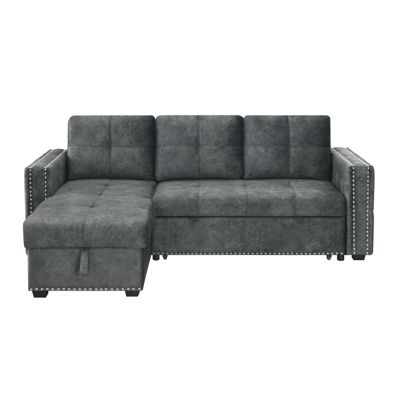 Velvet Reversible Sleeper Sectional Sofa with Storage in Black