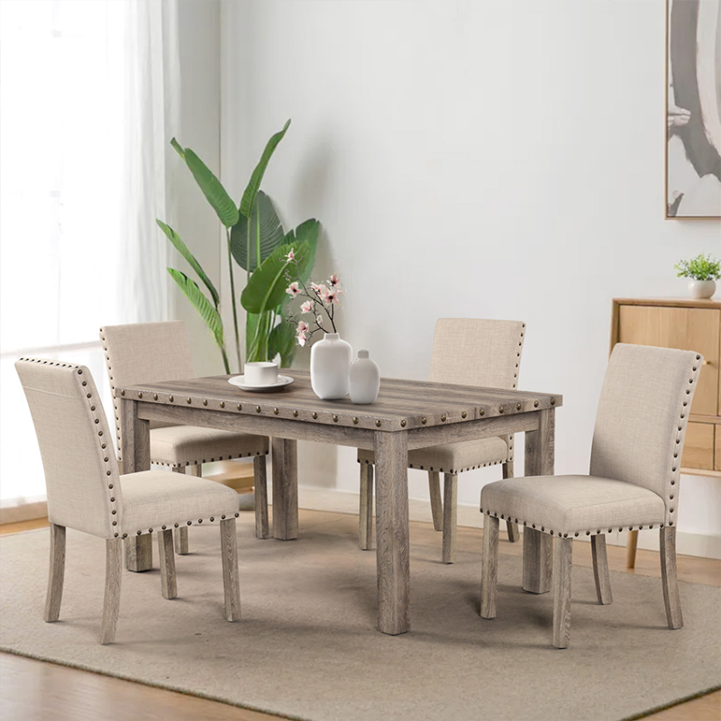 Log Rural Style Dining Table Set Dining Table and Chair Set with a Combination of Linen and Solid Wood