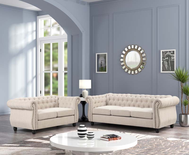 Linen Chesterfield Sofa Set With Roll Arms