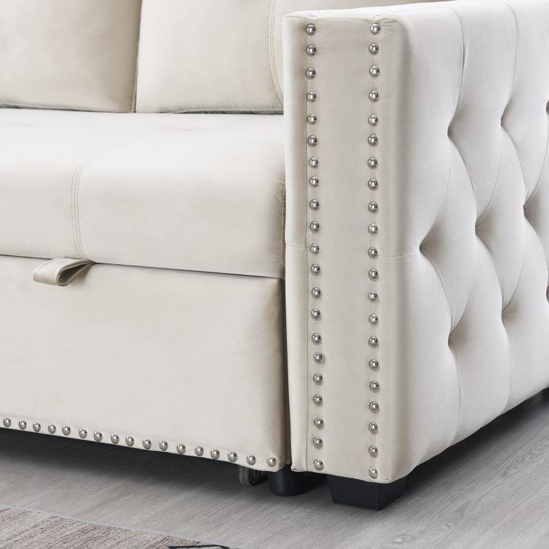 Velvet Reversible Sleeper Sectional Sofa Bed with Storage in Beige