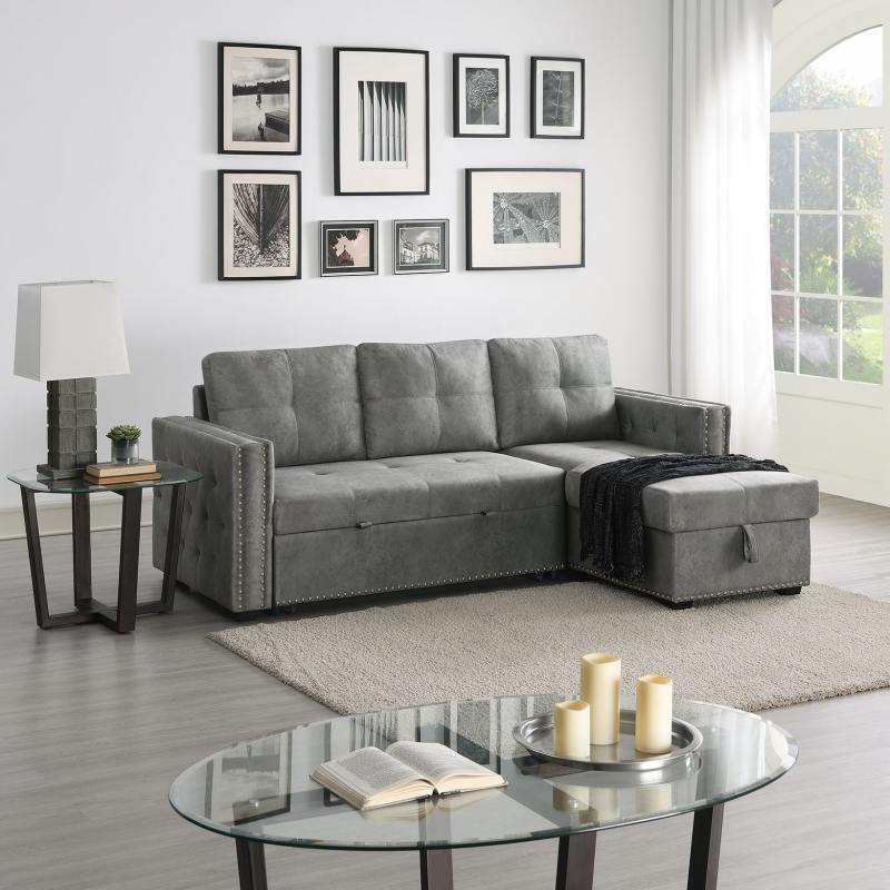 Velvet Reversible Sleeper Sectional Sofa with Storage