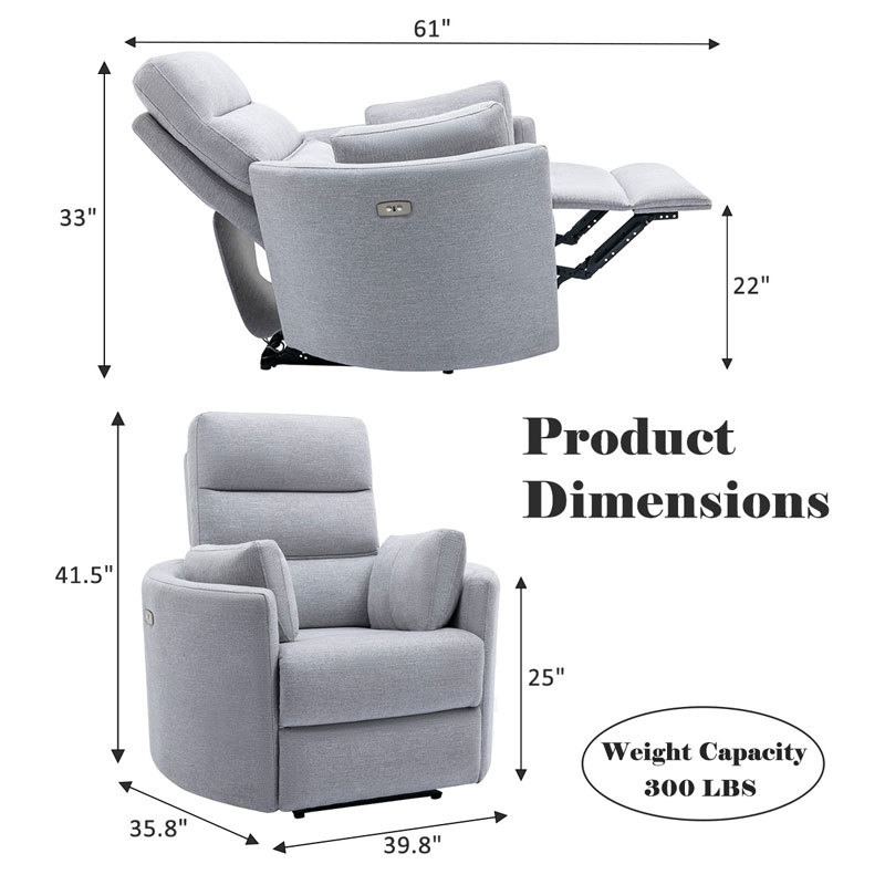 Grey Upgraded Unique Design Power Reclining Chairs with USB Ports for Living Room Bedroom, Pillows Included