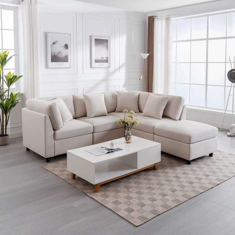 L-Shaped Sectional Sofa Modular Sofa Couch with Ottoman, Modern Beige Linen 4 Seater Sectional Convertible U Shaped Sofa for Living Room, Apartment, Easy Assembly