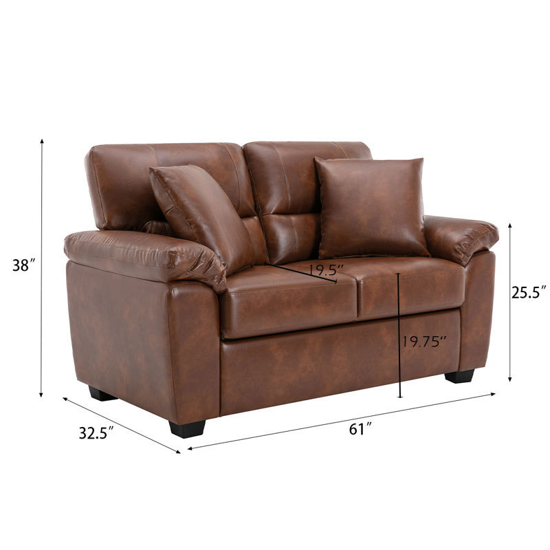 Garrin Series 61 in. Brown PU Leather 2-Seater Loveseat with Pillows