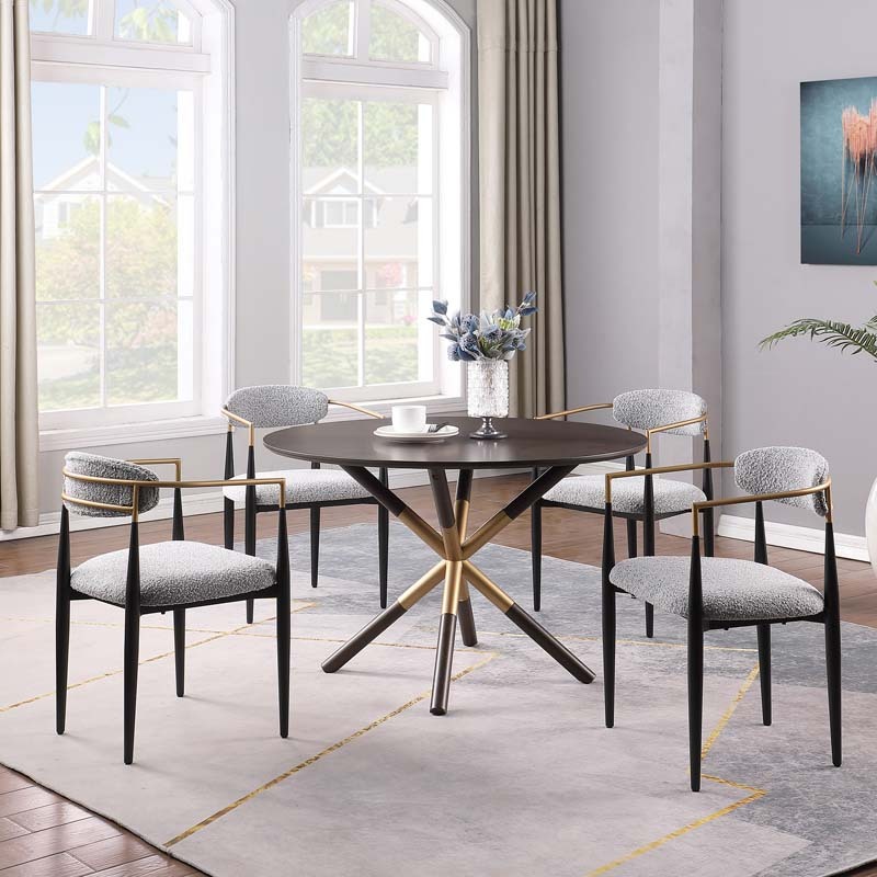 47in.W Round Dining Table Set with Cross Legs, Walnut Wood Top Modern Chair Minimalist Style Hollow Design with Metal Frame