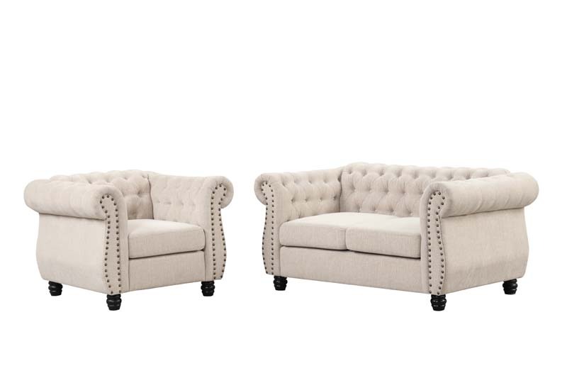 Linen Chesterfield Sofa Set With Roll Arms