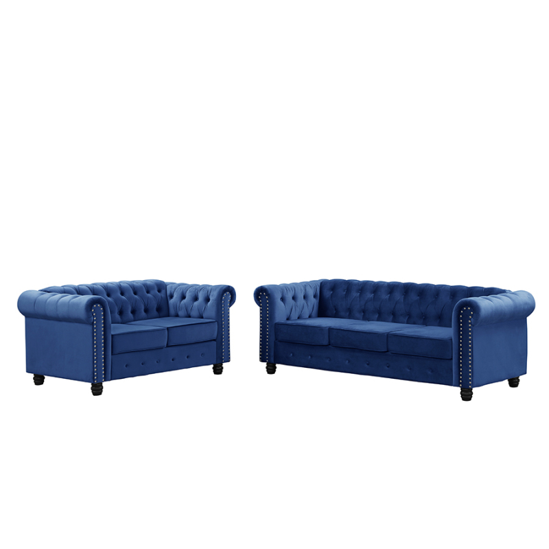 Chesterfield Velvet Furniture Loveseat and Sofa Sets 2 Pieces - Blue