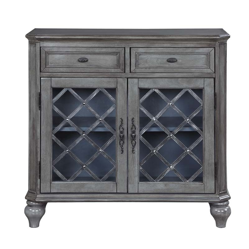 Retro Buffet Cabinet Sideboard with Storage, 2 Drawers, 2 Doors and Adjustable Shelves with Iron Framed Glass Doors Accent Table Display Storage Distressed Console Cabinet (Grey)