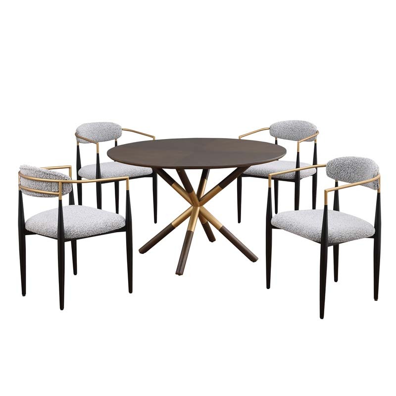 47in.W Round Dining Table Set with Cross Legs, Walnut Wood Top Modern Chair Minimalist Style Hollow Design with Metal Frame