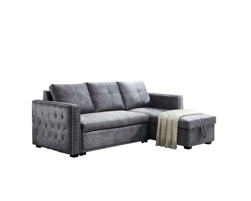 Velvet Sectional Sofa Bed with Storage and Pull Out Bed in Gray