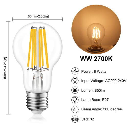 8W A60 E27 LED Vintage Light Bulbs