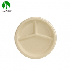 10 Inch 3 Compartments Sugarcane Pulp Round Plate
