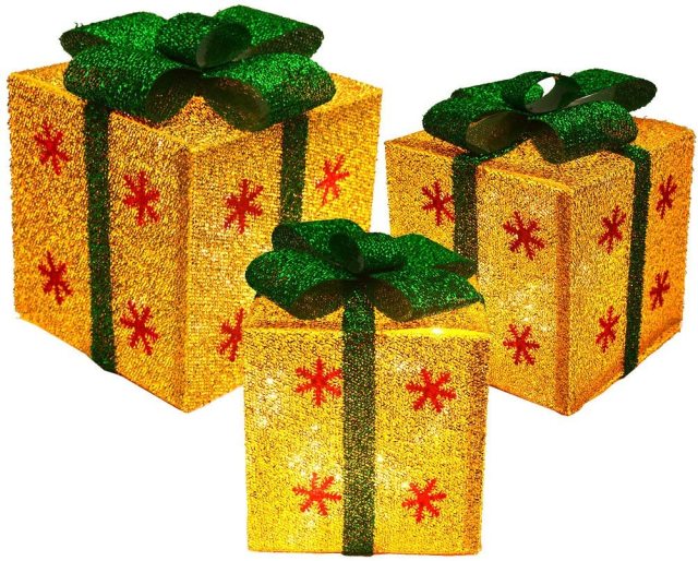 Set of 3 Sparkling Sisal Gift Boxes With Bows Lighted Christmas Home Garden Yard Art Decorations