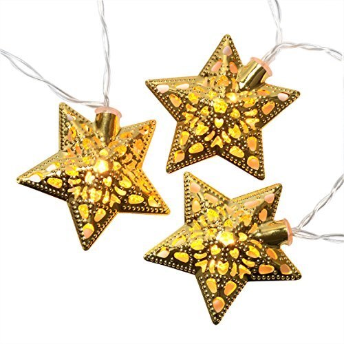 2M/6.5Ft 20 Star Shaped Golden Metal Hollow Xmas Wedding Battery Operated String Fairy Light