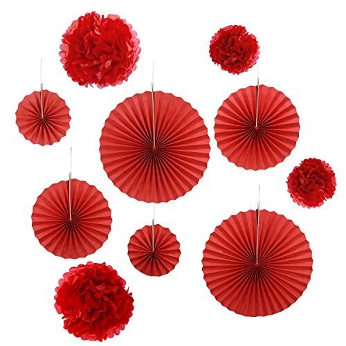 Set of 10 Red Paper Fans Rosettes Hanging Ornament Birthday Party Wedding Decorative