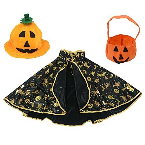 Halloween Costumes Wizard Stars Fancy Cloak + Pumpkin Hat + Stereo Pumpkin Bag for Children Boy Girl