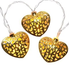 2M/6.5Ft 20 Heart Shaped Golden Metal Hollow Xmas Wedding Battery Operated String Fairy Light