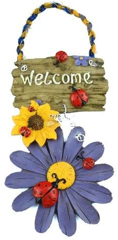 Fashion Design 4 Colors Beautiful Flowers and Ladybirds Resin Hand Painted Welcome Sign for Door Hanging Home Garden Decor