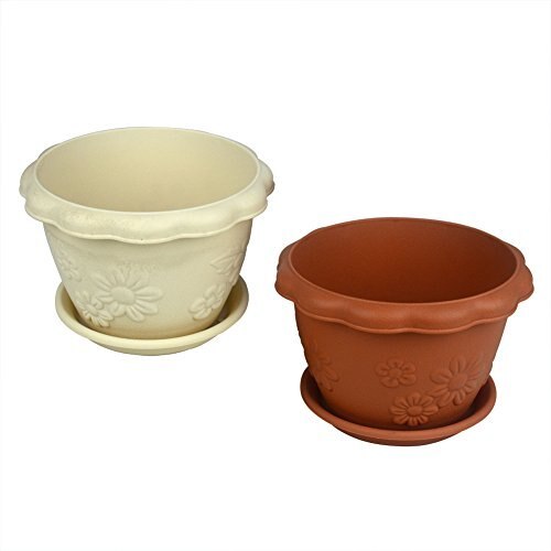 2Pcs Relief Environmental Planter Resin Flower Pot with Saucers
