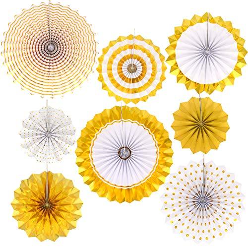 Set of 8 Golden Banner Flag Paper Fans Rosettes Hanging Ornament Birthday Party Wedding Decorative