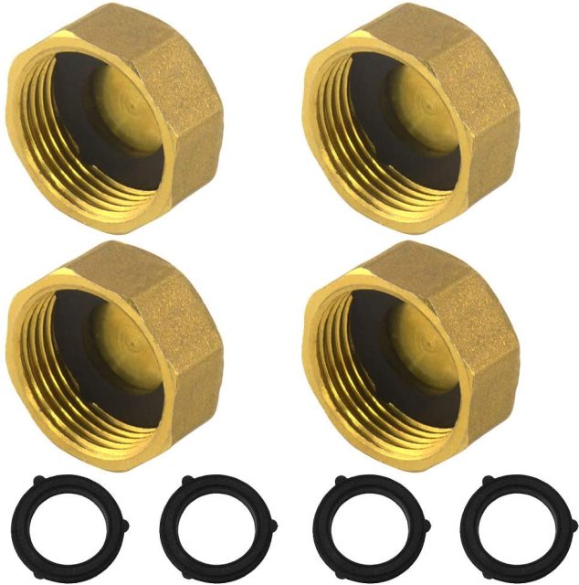 4 Pieces Home Garden Hose 3/4 Inch Female End Fitting Cap Brass Spigot Cap With 8 Pieces Washer