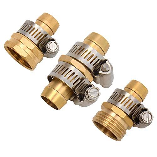 Set of Solid Brass 5/8" Garden Hose Mender End Repair Male Female Connector with Stainless Clamp