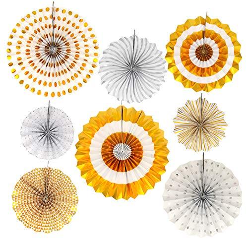 Set of 8 Silver Golden Banner Flag Paper Fans Rosettes Hanging Ornament Birthday Party Wedding Decorative