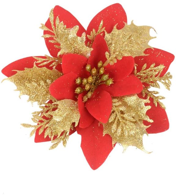 Pack of 12 5 Inch Gold Glitter Flower Shape Christmas Hanging Ornaments Party Decorating Supplies