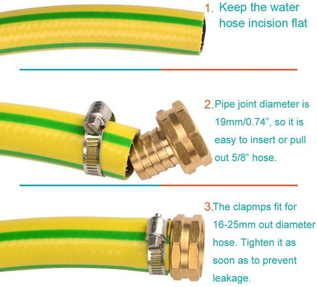 3Sets 5/8" Brass Garden Hose Mender End Repair Male Female Connector with Stainless Clamp