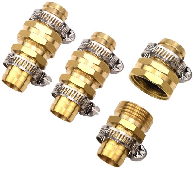 3Sets 5/8" Brass Garden Hose Mender End Repair Male Female Connector with Stainless Clamp