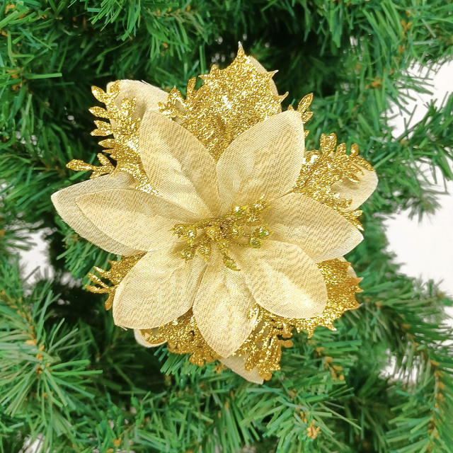 Pack of 12 5 Inch Gold Glitter Flower Shape Christmas Hanging Ornaments Party Decorating Supplies
