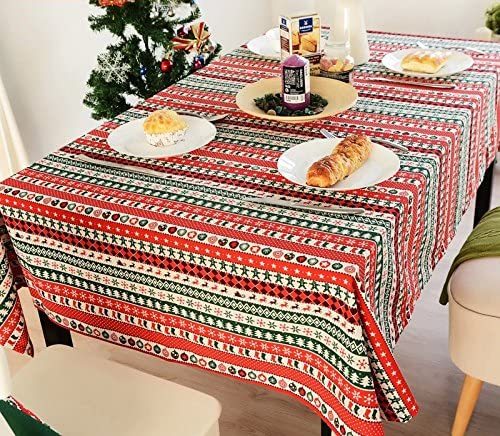 Linen 55&quot;(140cm) Rectangle Red Green White Stripe Christmas Tablecloth Oblong Home Decorative