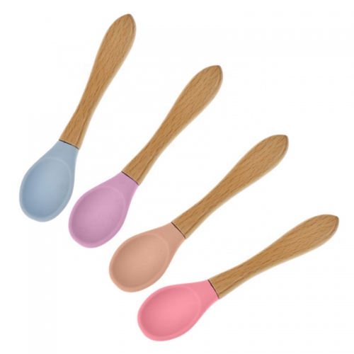 Silicone Baby Feeding Spoon With Wood Handle
