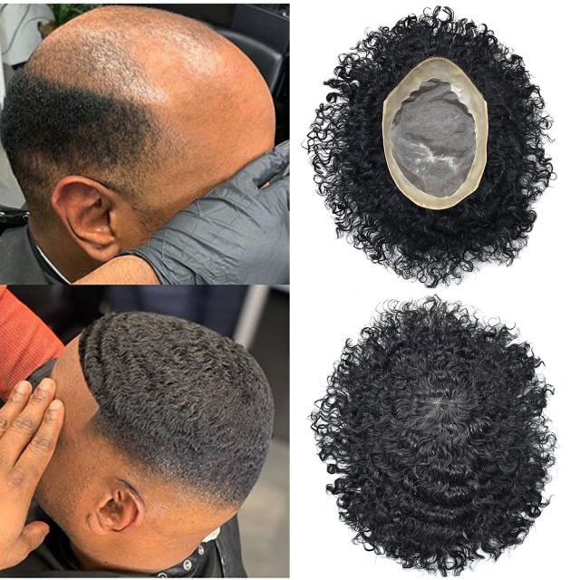 LyricalHair  Afro Toupee For Men African Curly Monofilament Durable Hair System Tape Around African American Black Unit 100% Human Hair Medium Density AFRO AAA1